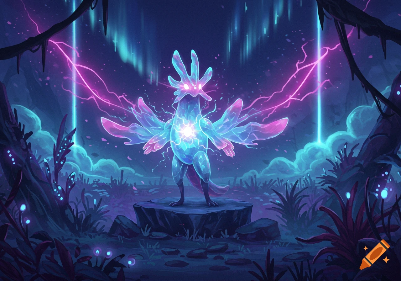 A glowing, alien-like creature with translucent wings stands on a rock in a dark, bioluminescent forest with neon pink lightning.