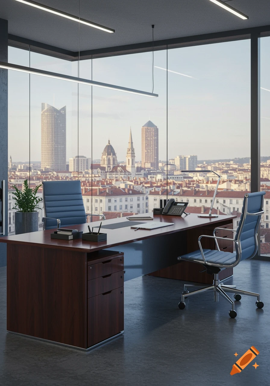A modern office features a large dark wood desk, two blue chairs, and a stunning cityscape view through floor-to-ceiling windows.