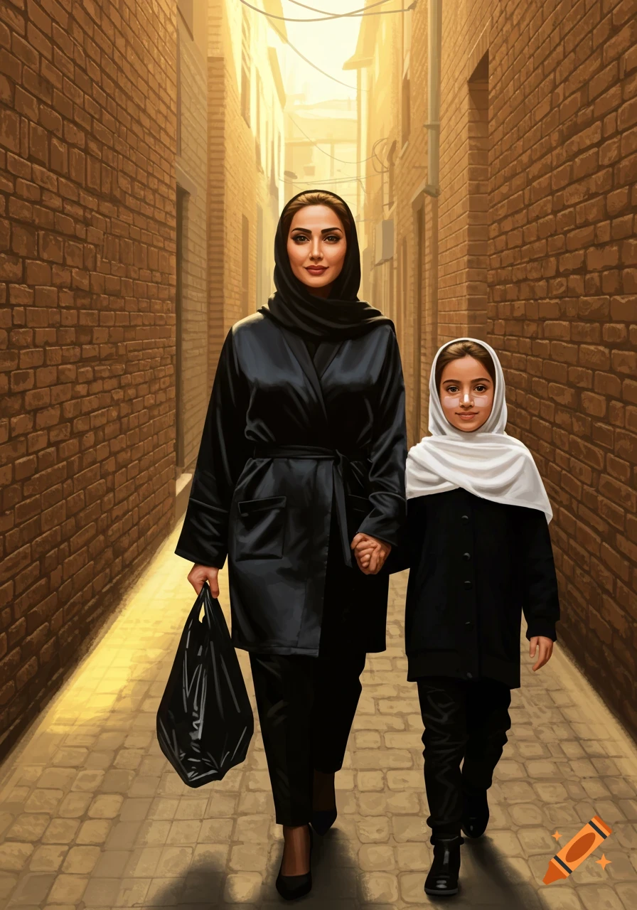 A mother and daughter wearing traditional attire walk hand-in-hand down a sunlit, narrow brick alley.