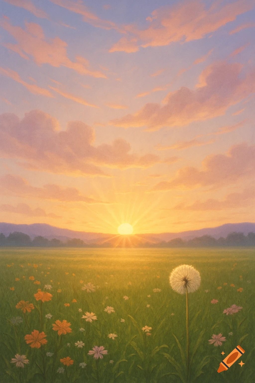 A vibrant sunset over a green field filled with various wildflowers and a single large dandelion in the foreground.