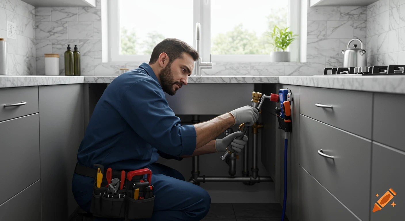 A male plumber in a blue uniform fixes a pipe under a kitchen sink, tools visible in his belt.