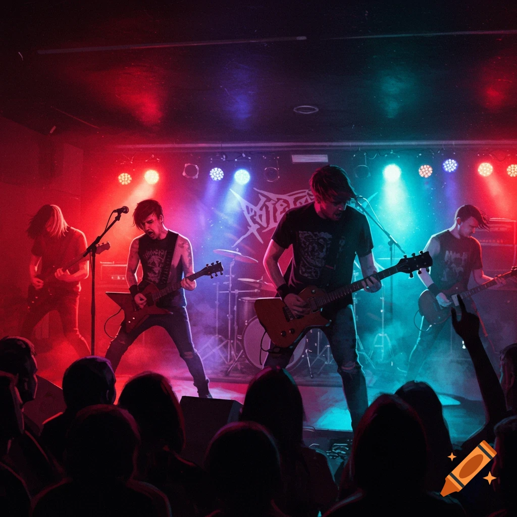 A post-hardcore band performs on a stage lit with red and blue spotlights, viewed from the audience.