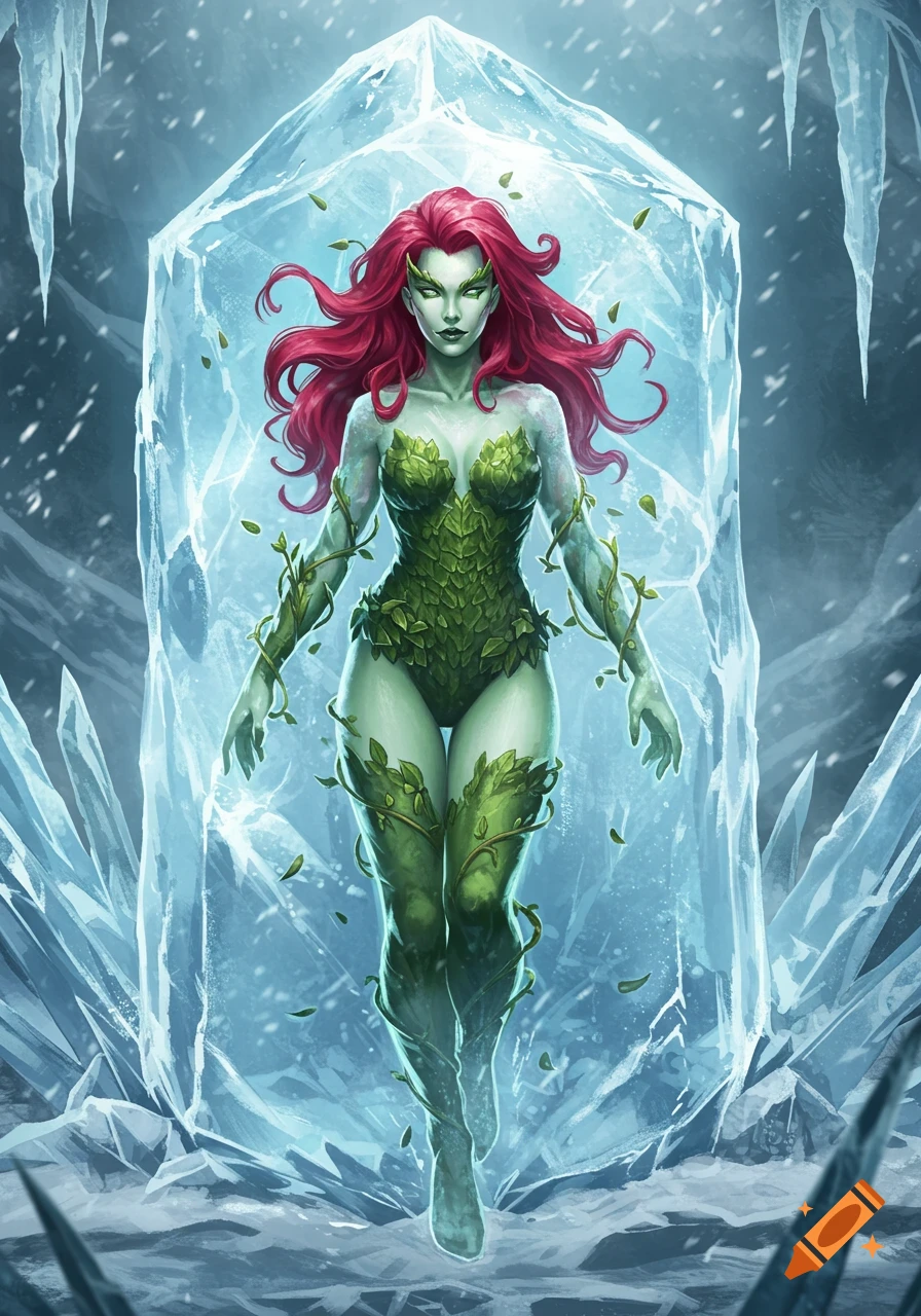 Poison Ivy with red hair and a green leaf costume, standing in front of a large block of ice in a snowy, frozen environment, digital art.