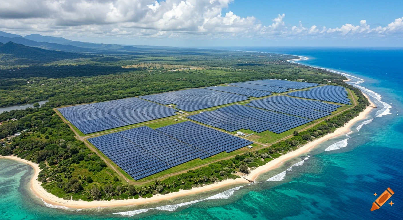 Aerial view of a large solar farm on a tropical island with lush green vegetation, sandy beaches, and clear turquoise ocean.