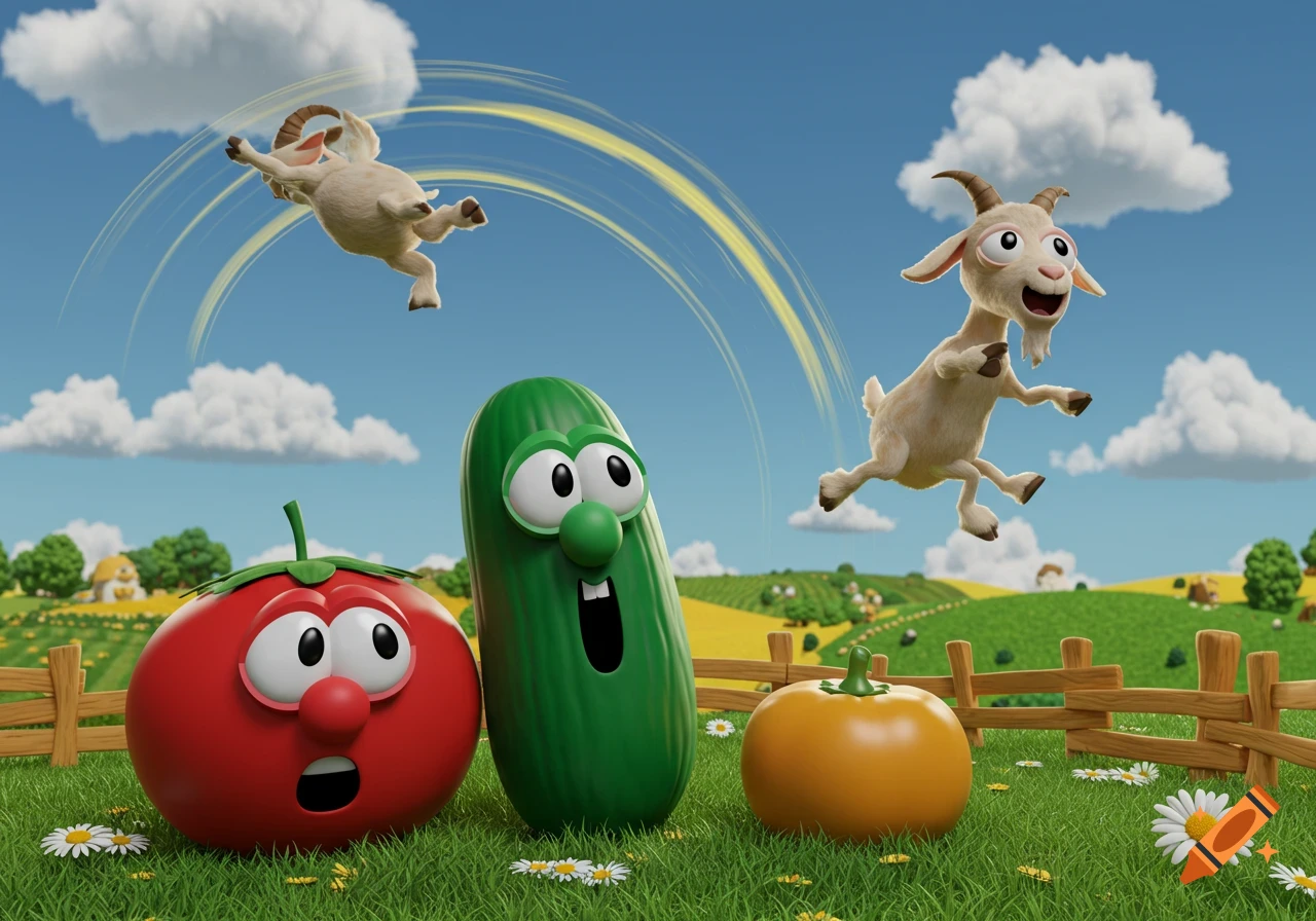 Bob the Tomato and Larry the Cucumber watch as cartoon goats jump and somersault over them in a grassy field.