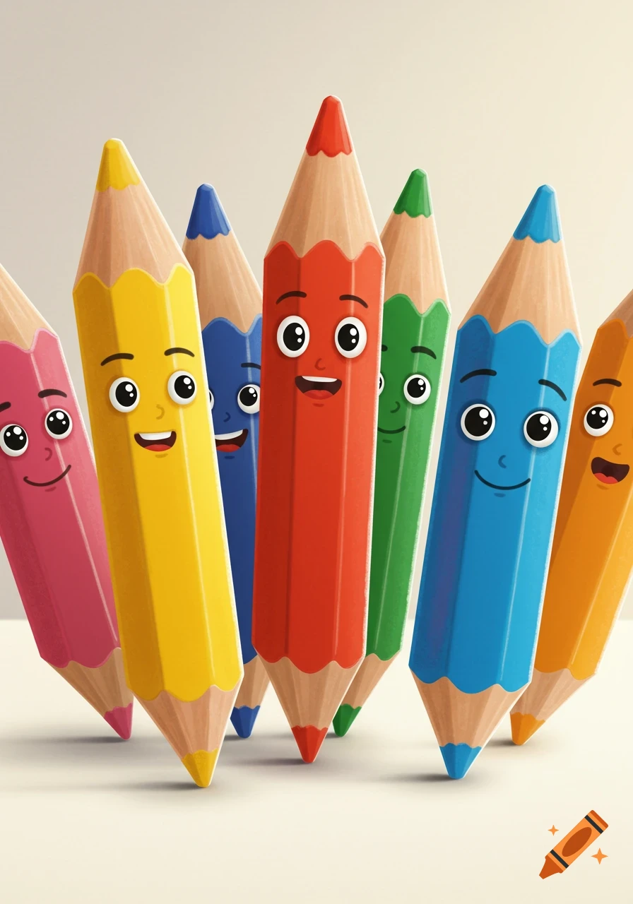 Seven brightly colored cartoon pencils with happy faces and sharpened tips standing on a light surface.