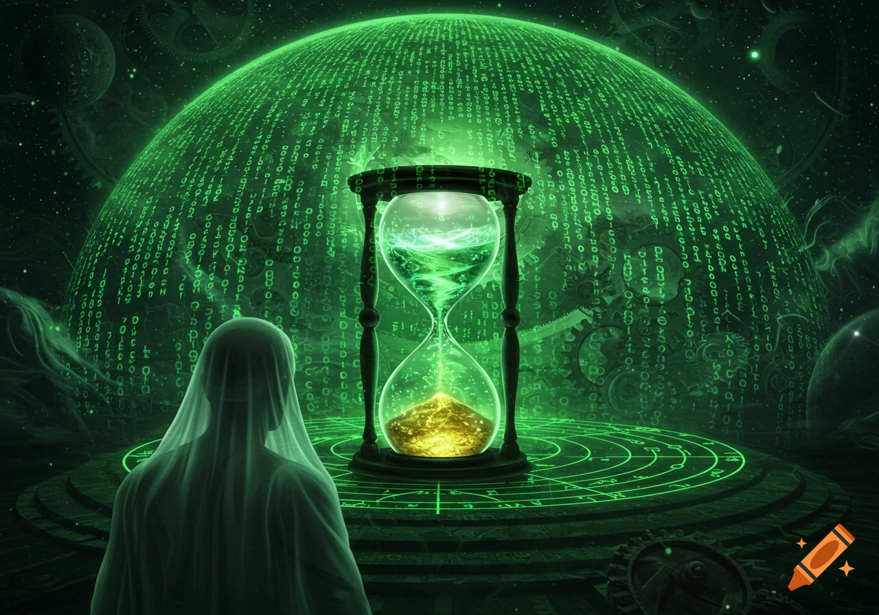 A veiled figure gazes at a glowing green hourglass, set before a dome of flowing digital code and cosmic gears.