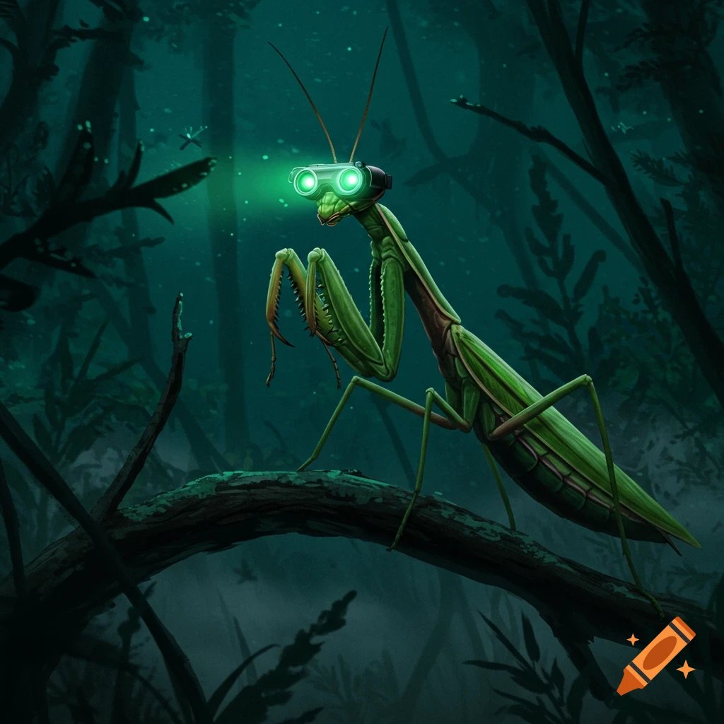 A green praying mantis with glowing night vision goggles sits on a branch in a dark, mysterious forest.