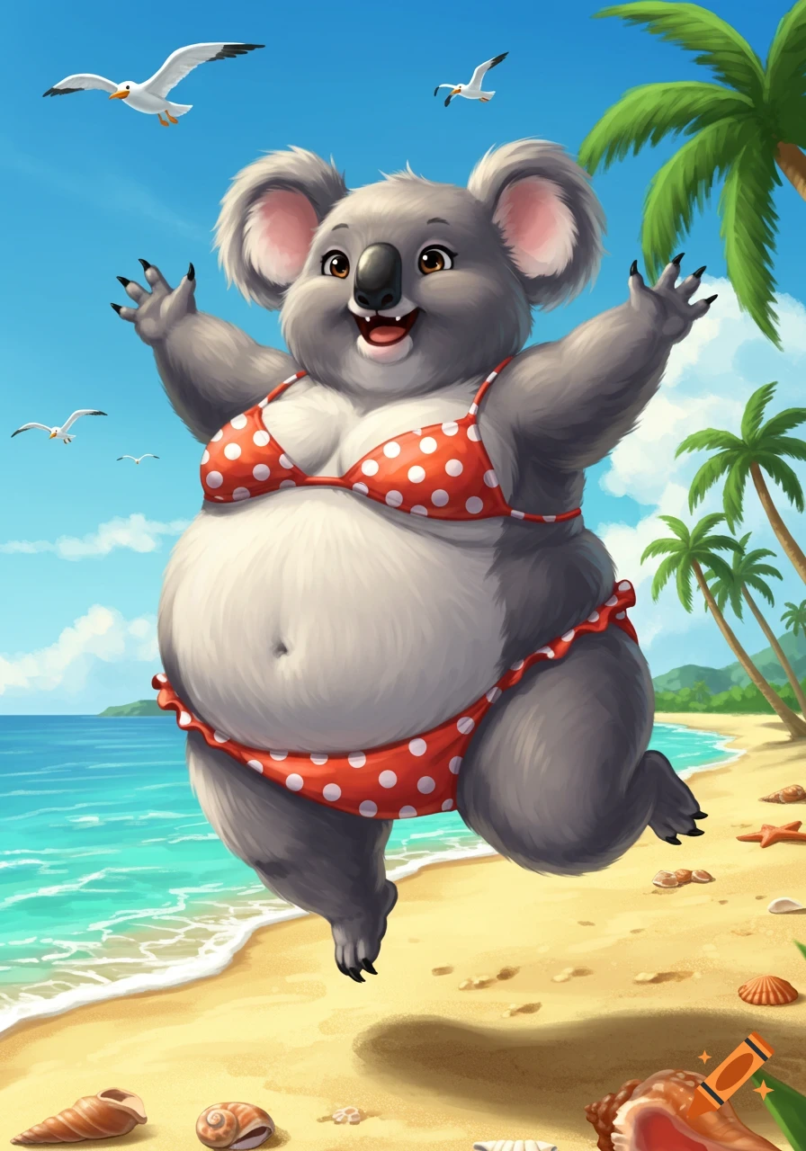 A chubby cartoon koala in a red polka dot bikini jumps excitedly on a sunny beach with palm trees and seagulls.