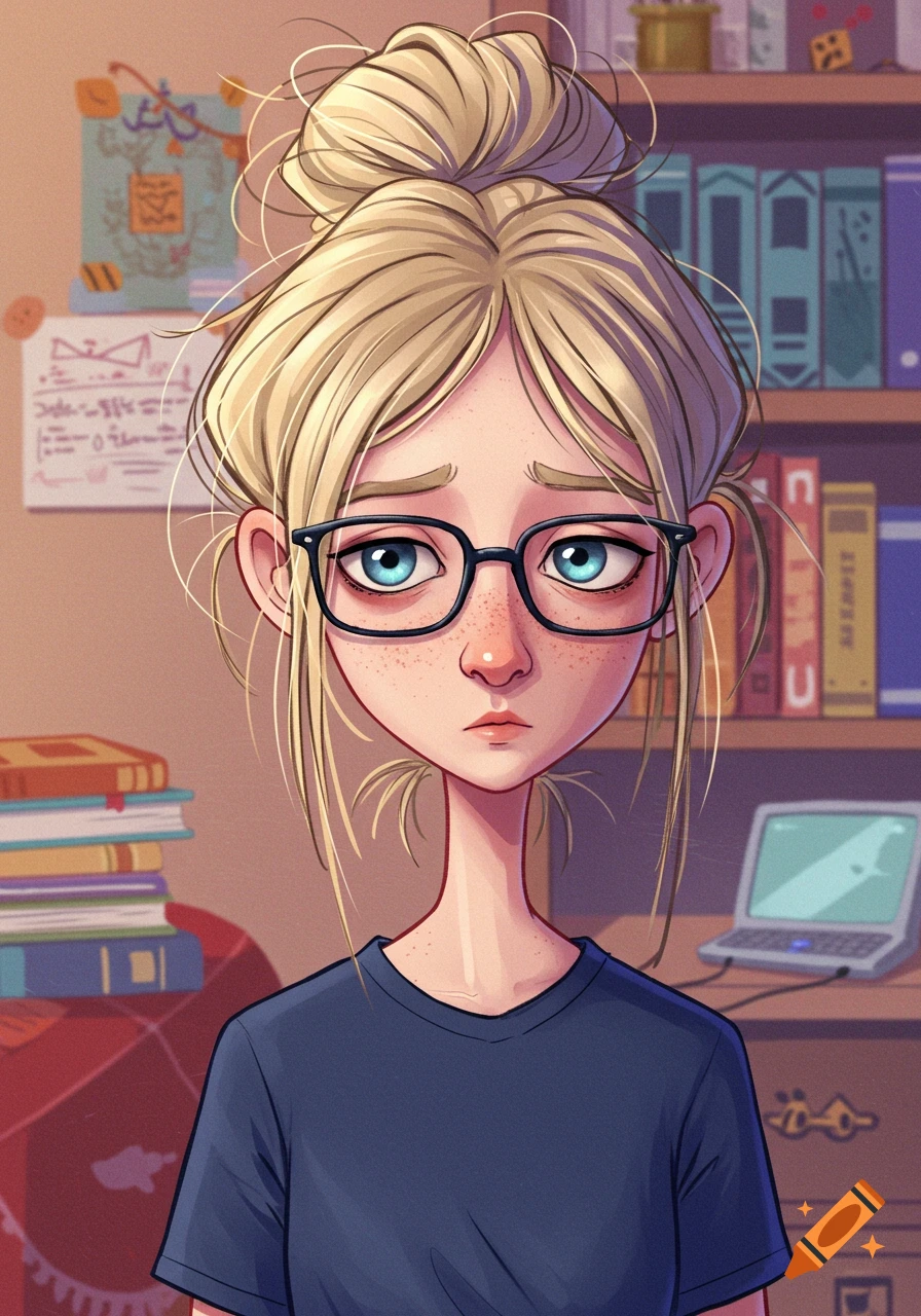 A cartoon illustration of a fair-skinned woman with blonde hair in a messy bun, wearing glasses and a navy blue t-shirt, looking sad. She has freckles, and books and a laptop are visible in the background.