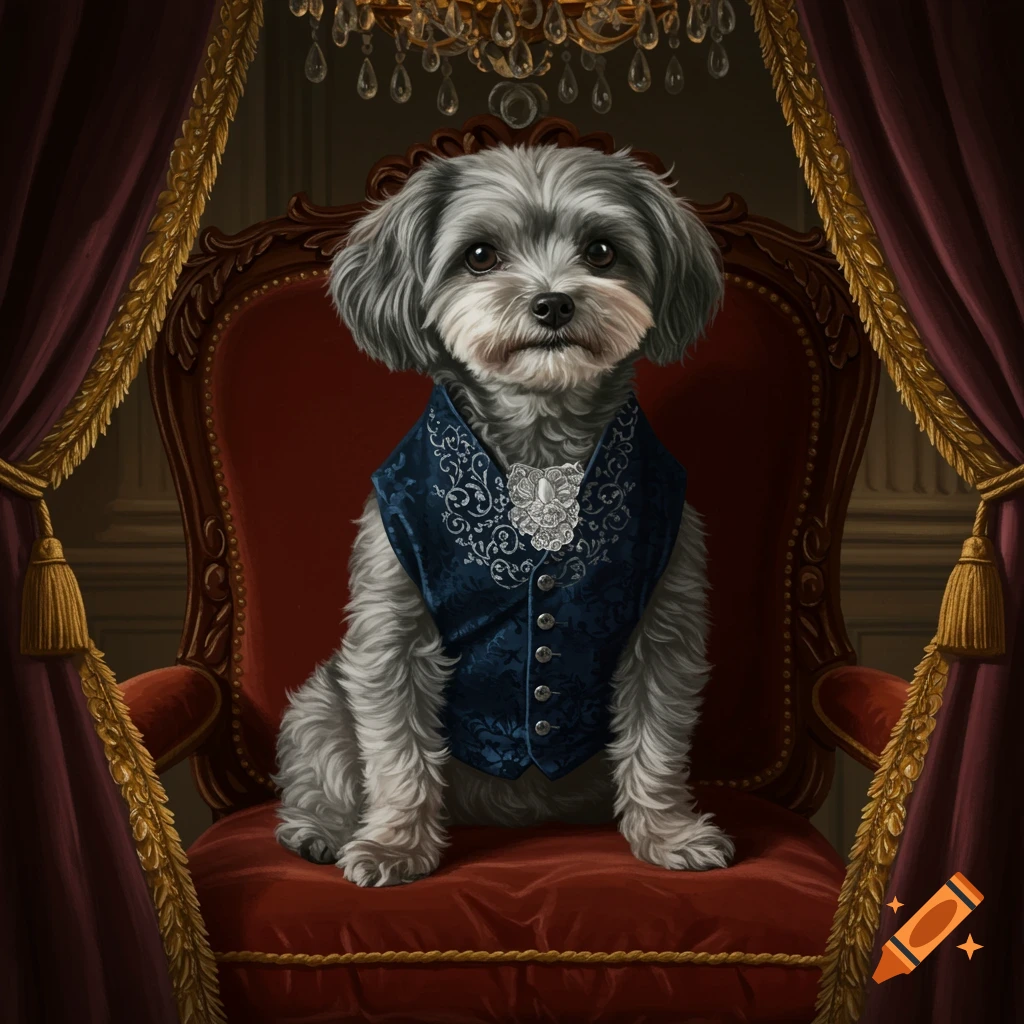 A photorealistic portrait of a grey Lhasa Apso cross Shih Tzu dog wearing a blue waistcoat and brooch, sitting regally on a red velvet armchair.