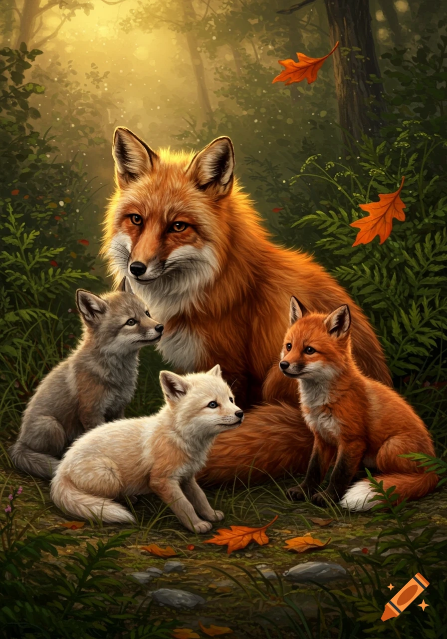 A mother red fox with three kits, one white, one gray, and one red, in a sunlit forest.