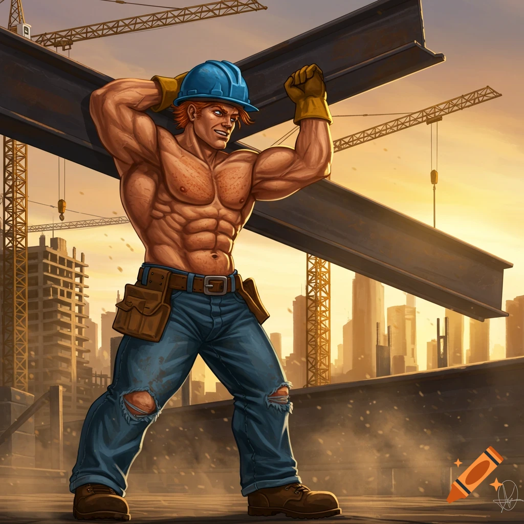 A muscular, shirtless construction worker in a hard hat and jeans holds a large metal beam over his shoulders at a sunset construction site with city buildings and cranes.