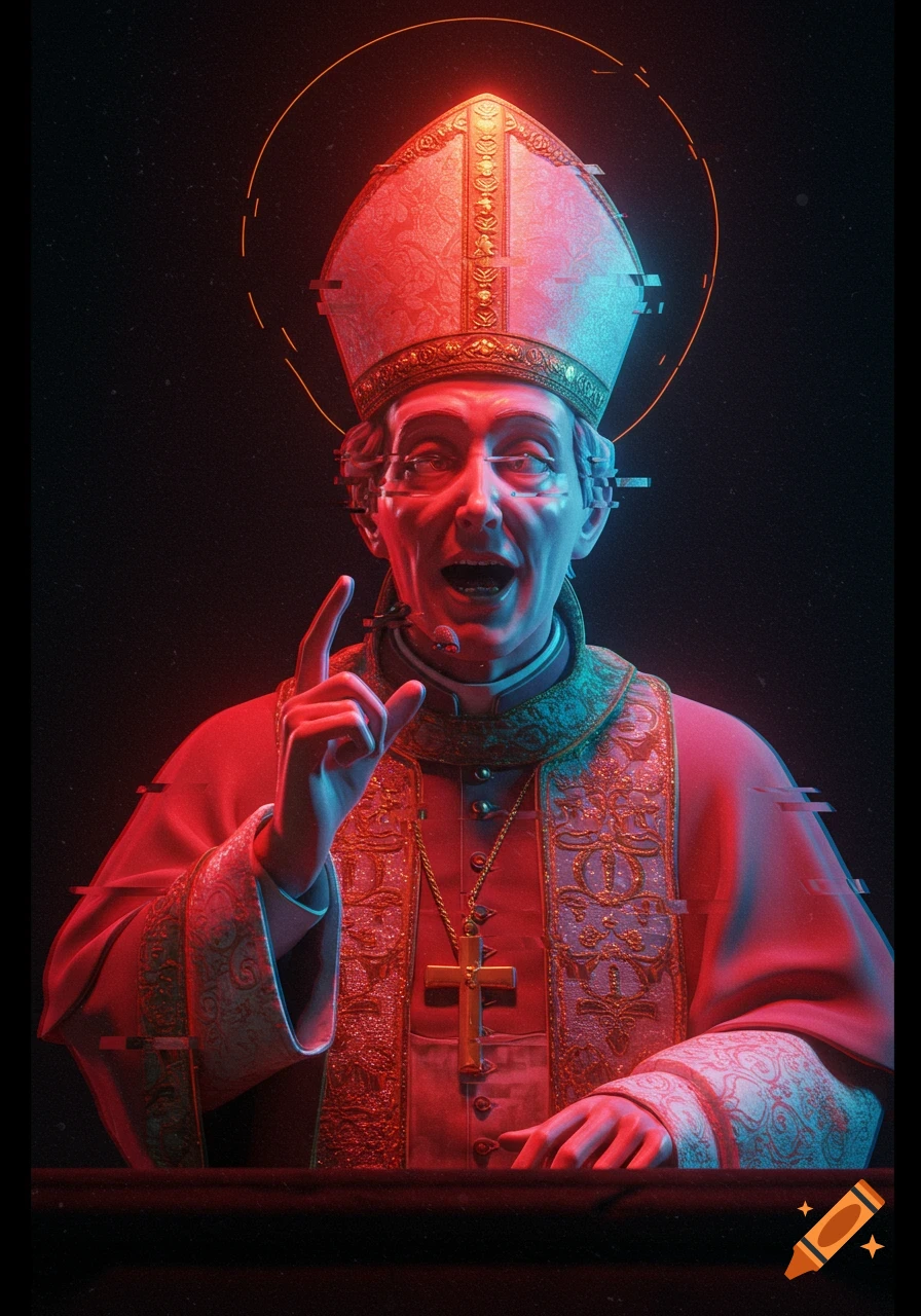 A surreal digital art portrait of a pope character with glitch effects, glowing halo, and red/blue lighting, speaking with a raised hand.