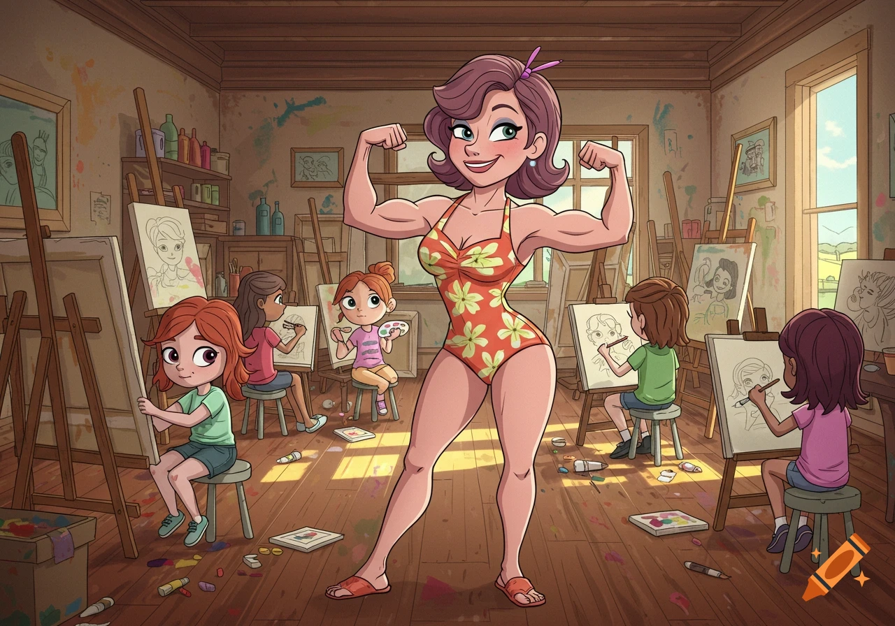A cartoon woman in a floral swimsuit flexes her muscles in an art classroom while children draw at easels, in a comic strip style.