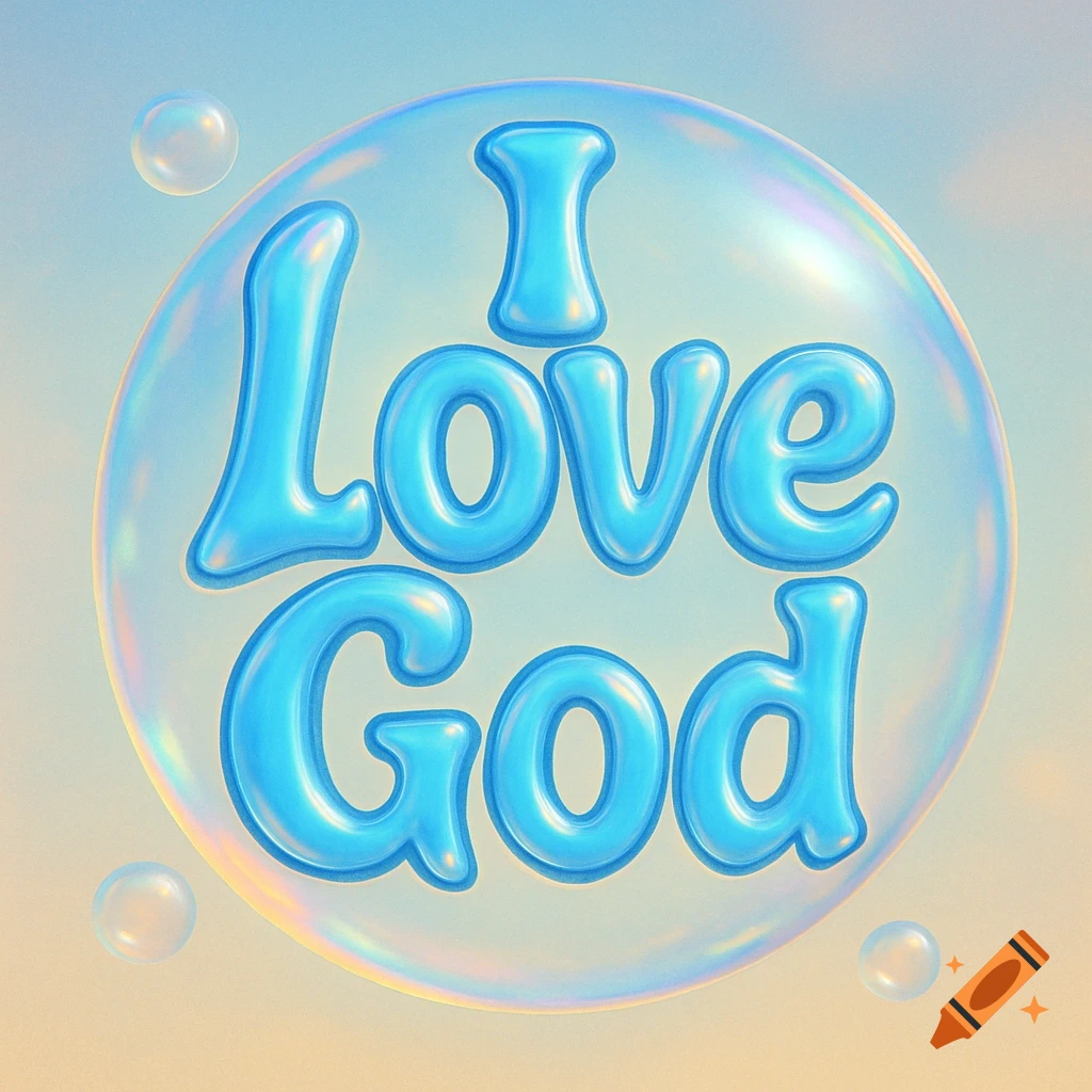 Blue inflated text 'I Love God' inside a large transparent bubble with smaller bubbles on a gradient blue and orange background.