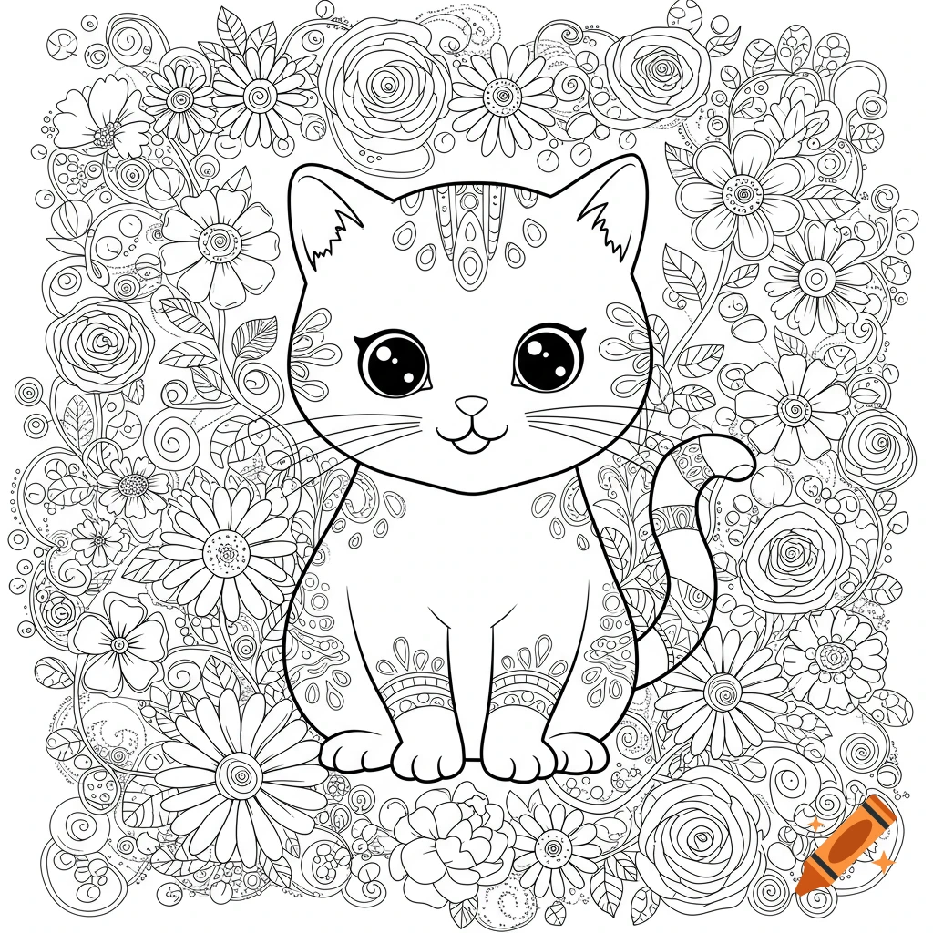 A cute smiling cat surrounded by detailed flowers and leaves in a black outline coloring book illustration.