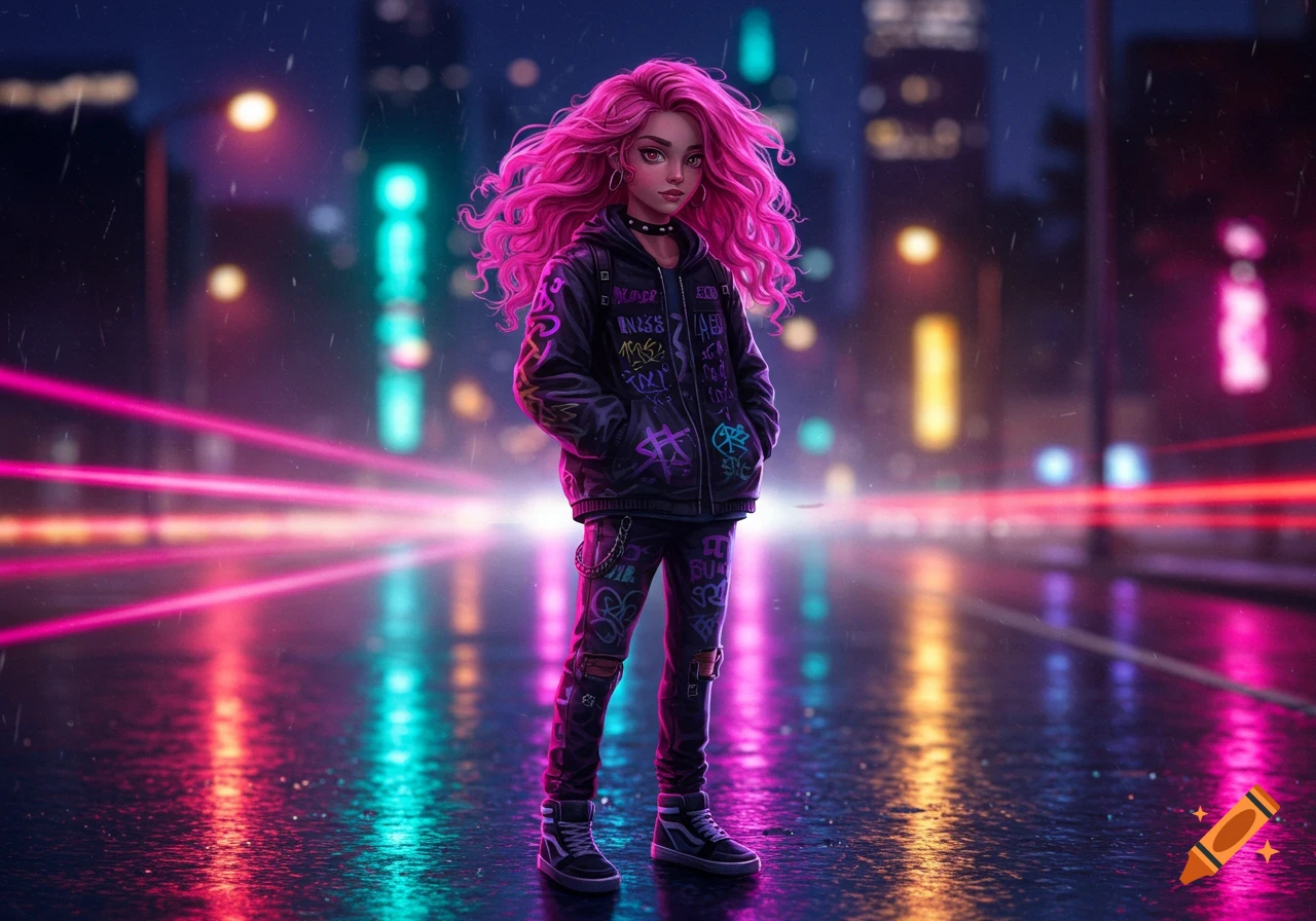 A stylized girl with vibrant pink hair stands on a wet, neon-lit street in a dark city, wearing a graffiti-covered jacket.