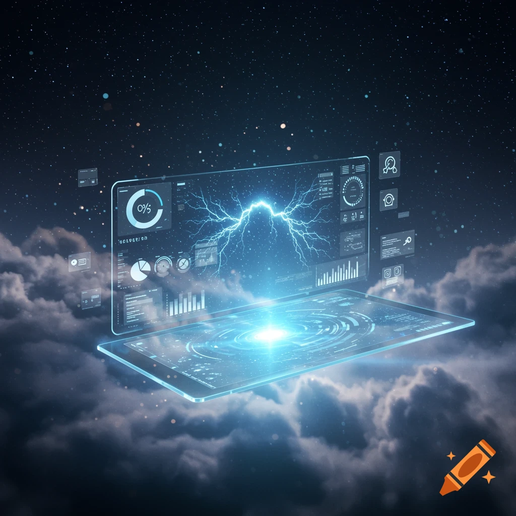 A futuristic holographic display with glowing blue data visualizations and a lightning bolt symbol floats above clouds against a starry night sky.
