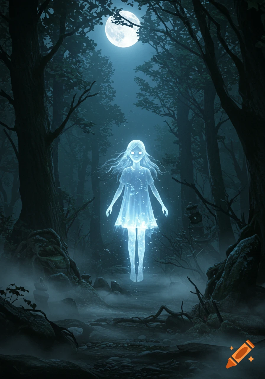 A glowing ghost girl floats in a dark, misty forest under a bright full moon, with tall trees silhouetted around her.