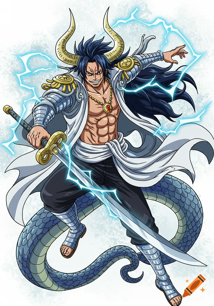 A powerful anime character with dark hair, golden horns, and a serpent tail, lunges forward wielding a lightning-infused sword, surrounded by electric arcs.