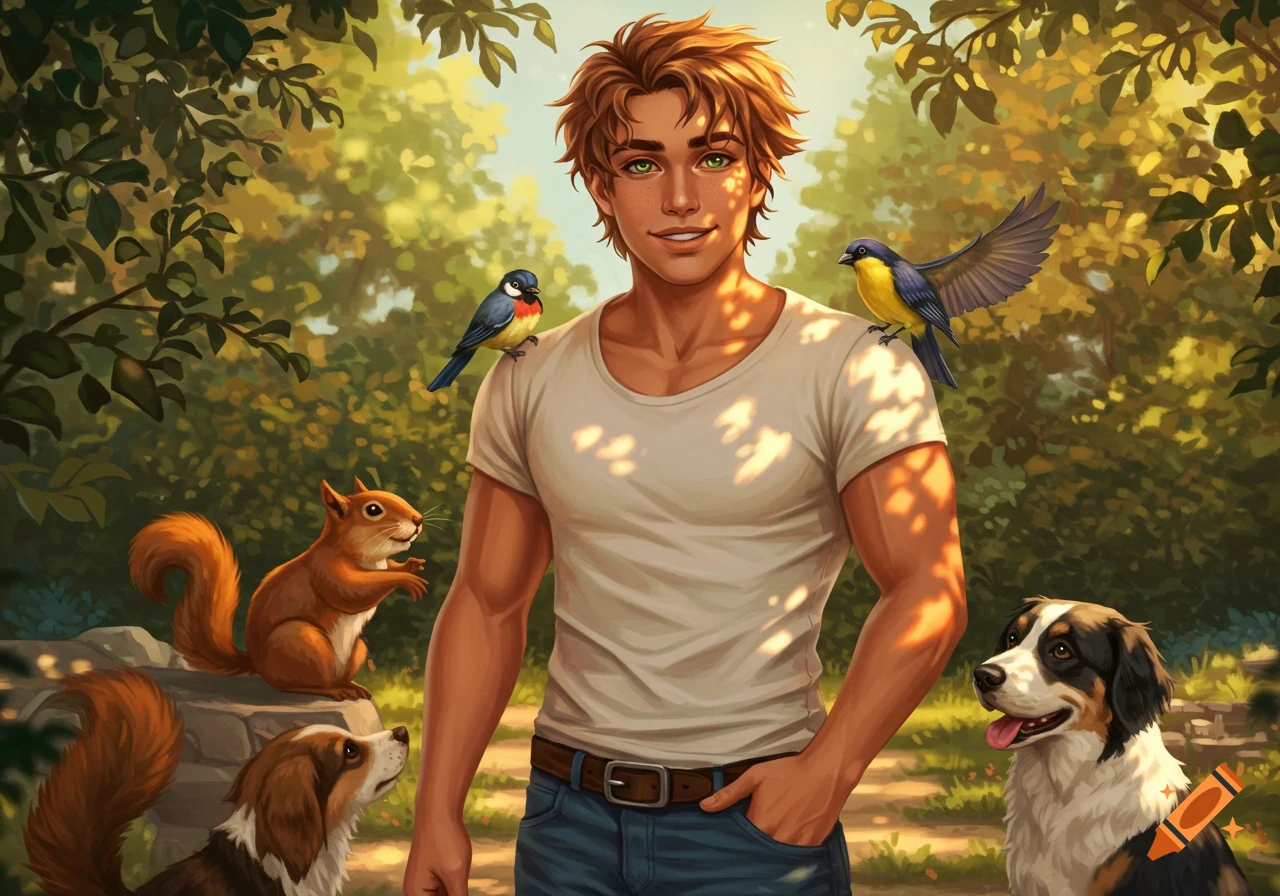A handsome young man with green eyes stands in a sun-dappled forest, with birds on his shoulders, a squirrel, and a dog.