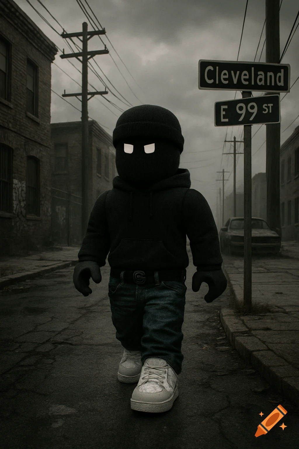 A Roblox character in a black ski mask and hoodie walks down a gritty, overcast street in Cleveland, with street signs visible.