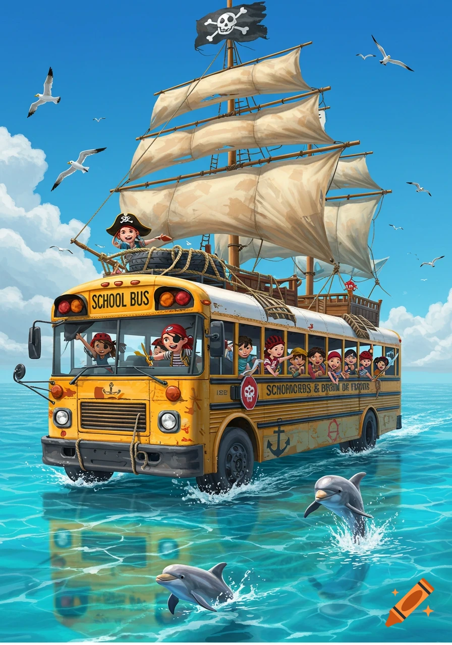 A whimsical cartoon shows a yellow school bus transformed into a pirate ship, sailing on a blue ocean with children dressed as pirates onboard and dolphins leaping in the water.