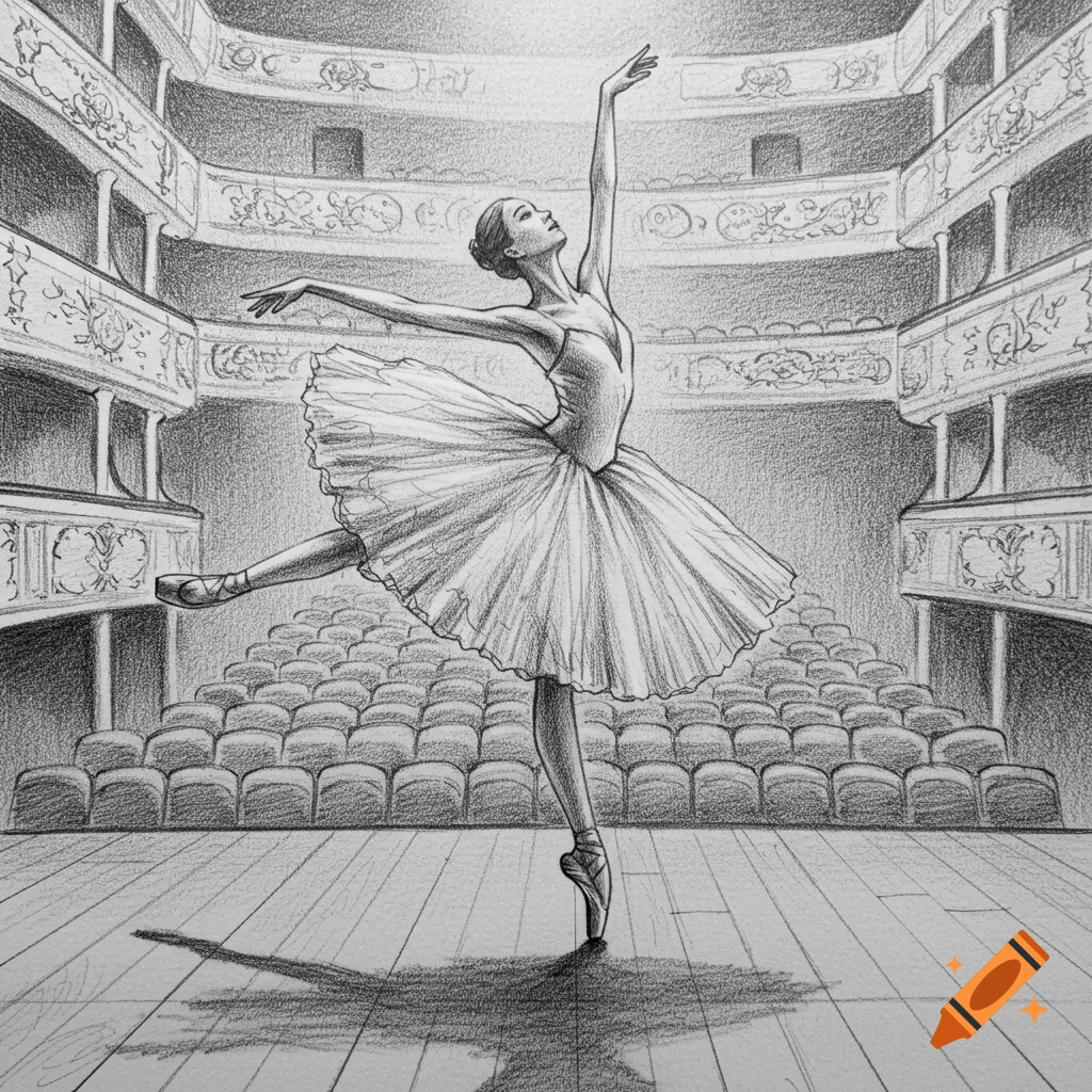 Pencil drawing of a ballerina dancing on pointe on a stage in a grand theatre with empty seats.