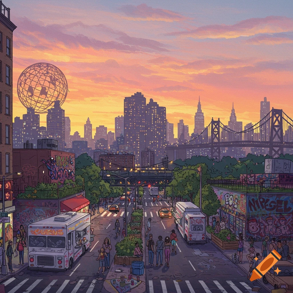 A vibrant cartoon illustration of a bustling Queens, New York street scene at sunset, with pedestrians, food trucks, graffiti-covered buildings, and the city skyline featuring the Unisphere and a bridge in the distance.