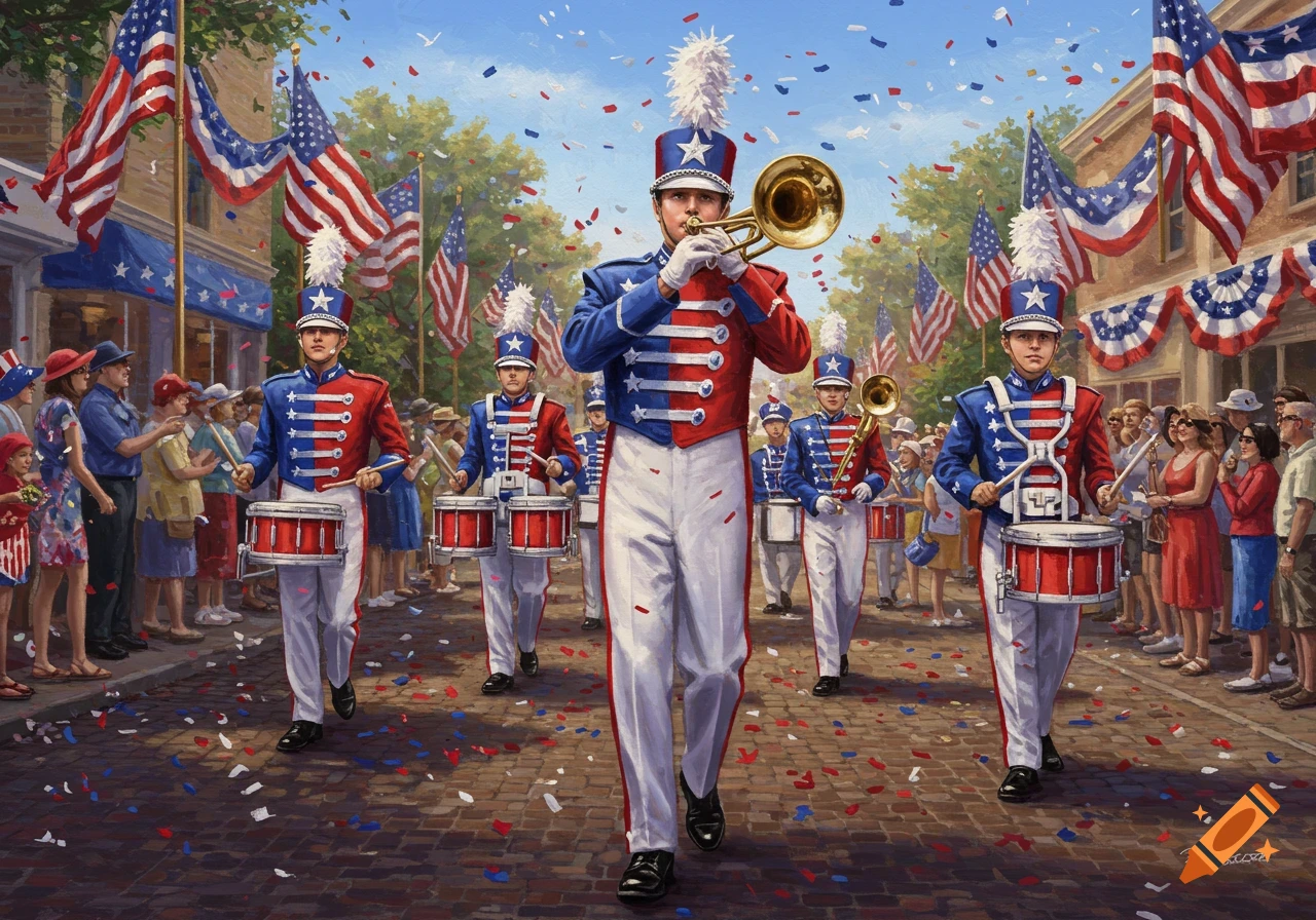 A patriotic marching band in red, white, and blue uniforms parades down a street lined with American flags and confetti, painted.