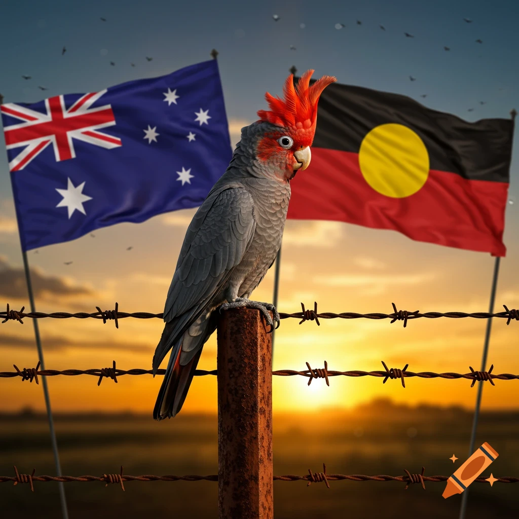 A Gang-gang cockatoo perches on a fence post with barbed wire, Australian and Aboriginal flags behind at sunset.