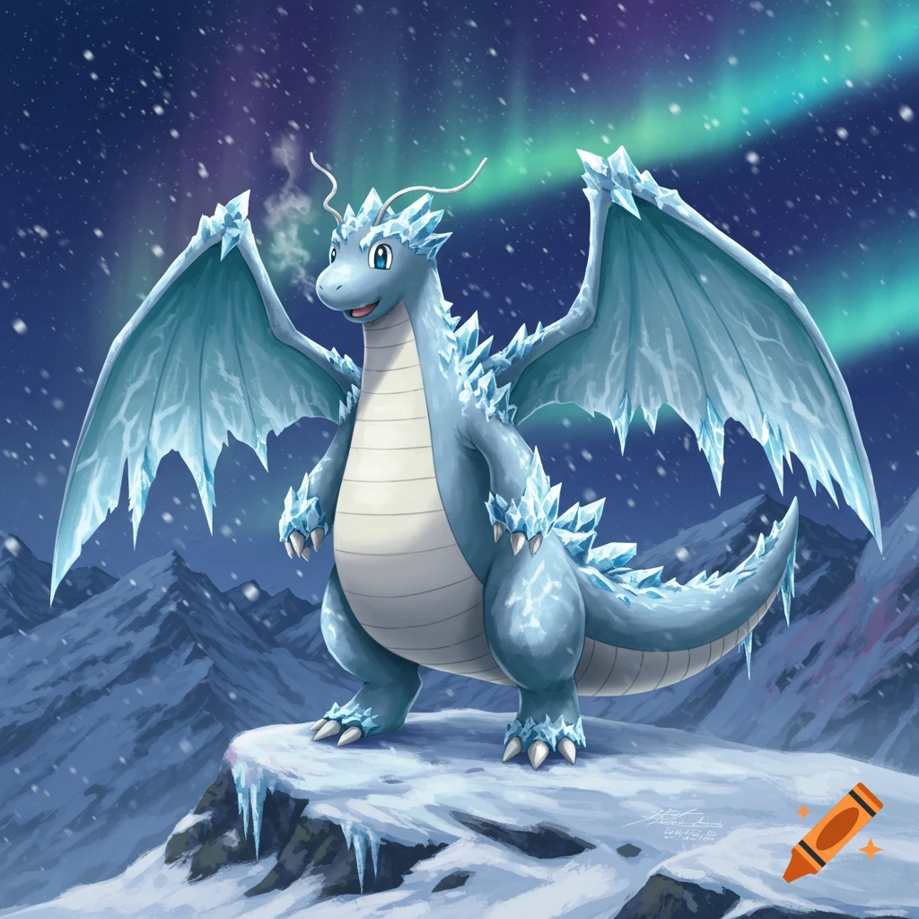 Ice/Dragon type Dragonite stands on a snowy mountain peak under the aurora borealis, with ice crystals on its body and wings.
