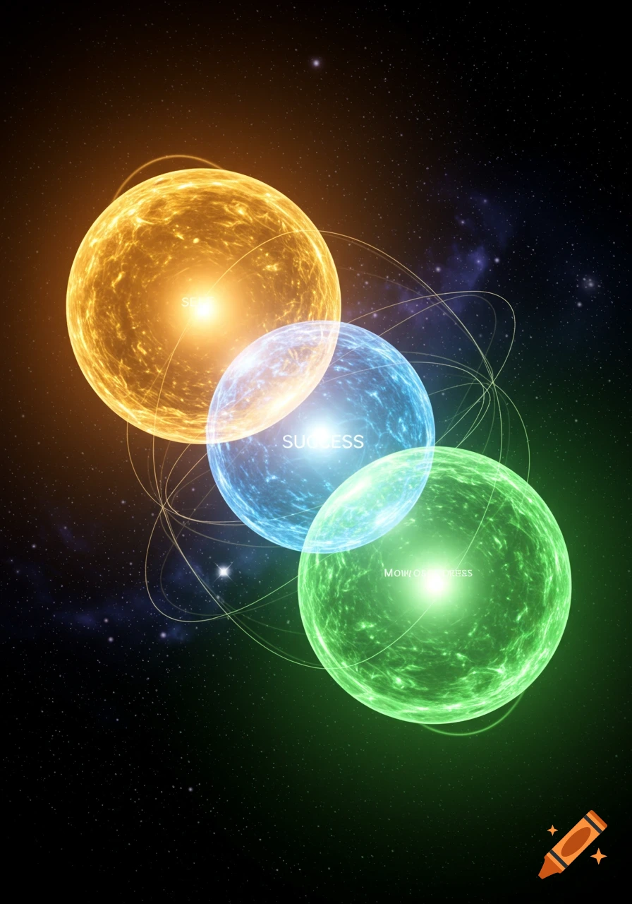 Three glowing orbs, orange, blue, and green, arranged diagonally against a dark, starry cosmic background with connecting lines.