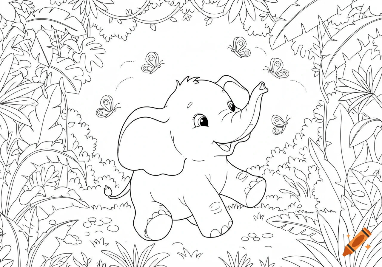 Black and white line art of a cute baby elephant playing with butterflies in a jungle, designed as a coloring book page.