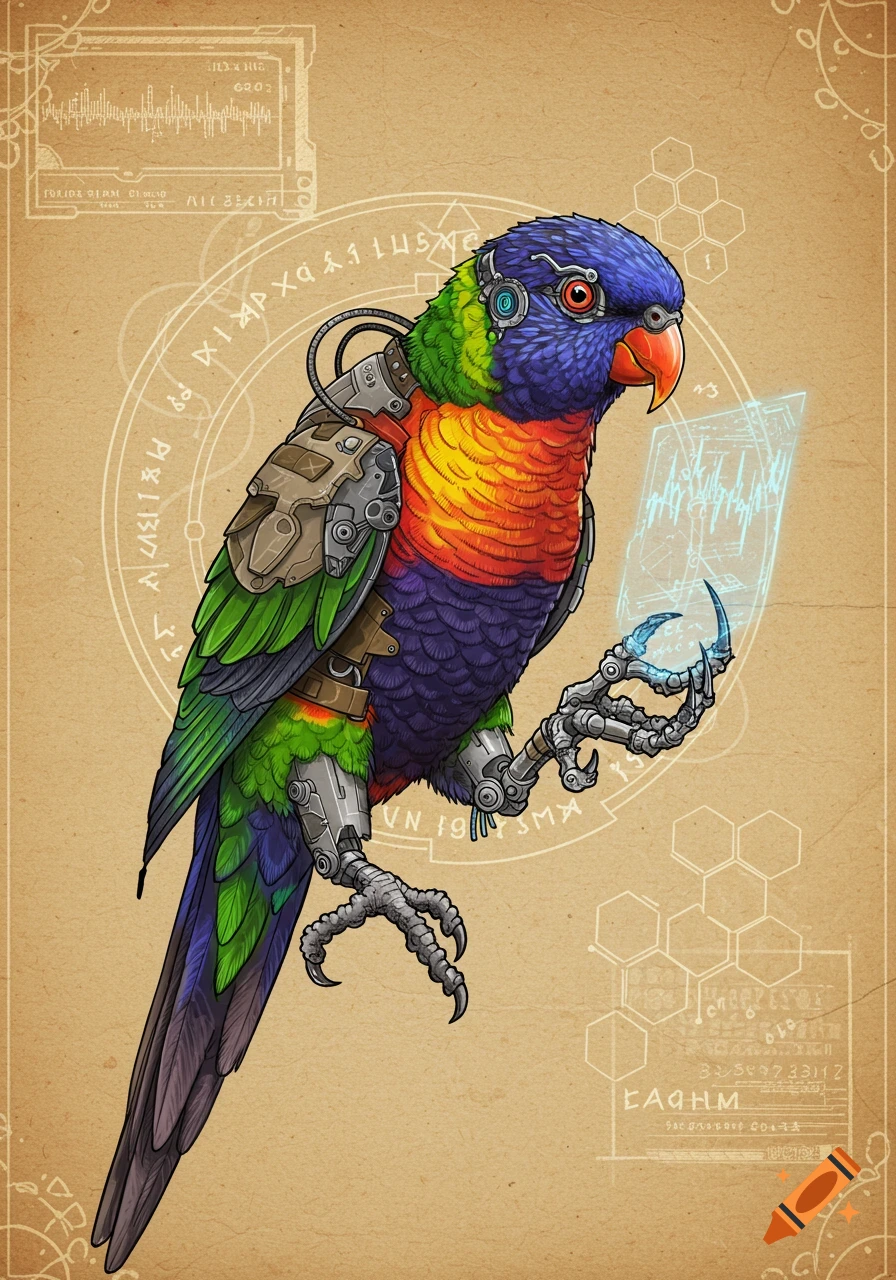A vibrant rainbow lorikeet with blue, green, orange, and purple feathers is depicted with intricate cybernetic enhancements and a glowing holographic display on a medieval parchment background with runes.
