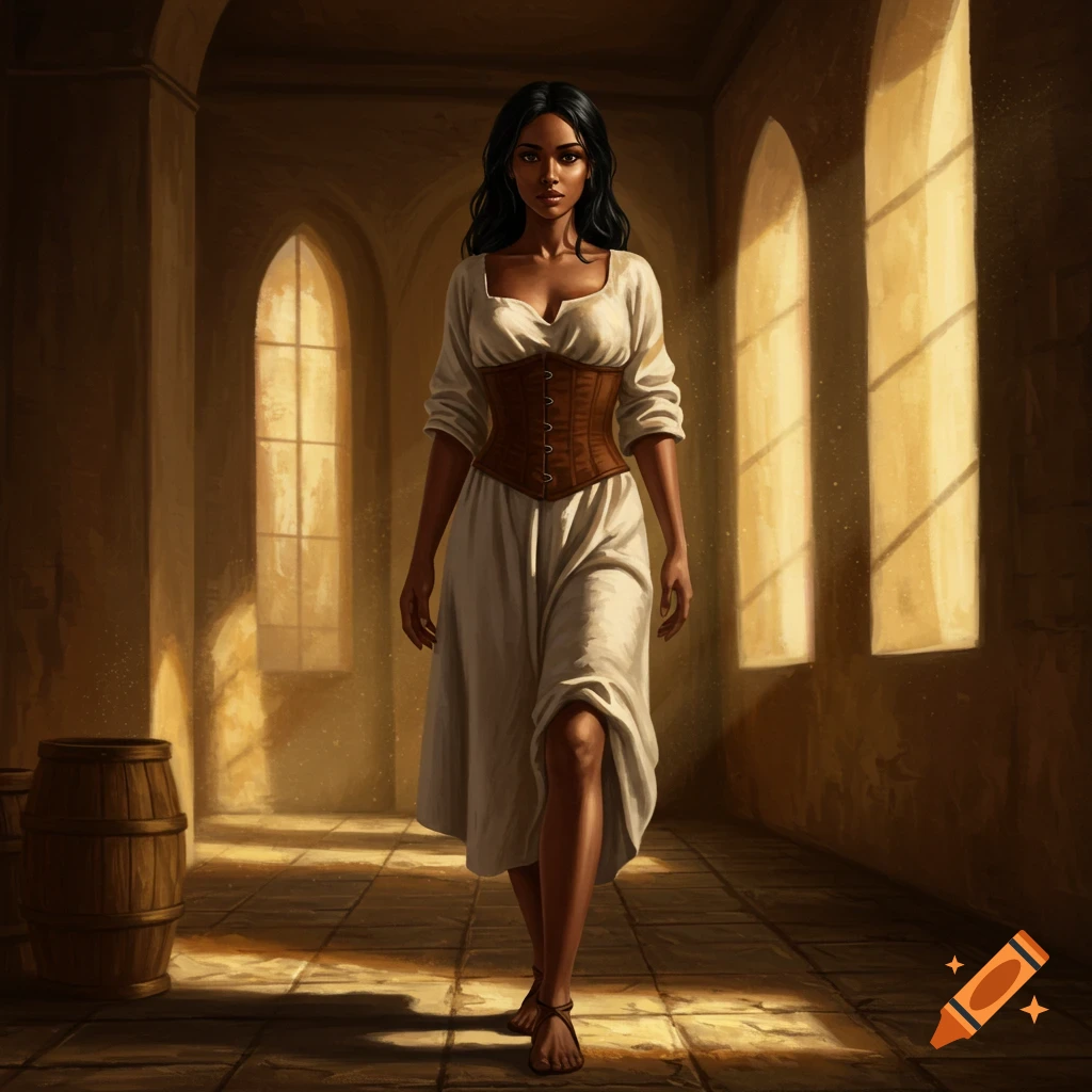 A medieval woman with dark skin and black hair walks barefoot in a sunlit hall, wearing a white smock and brown corset.