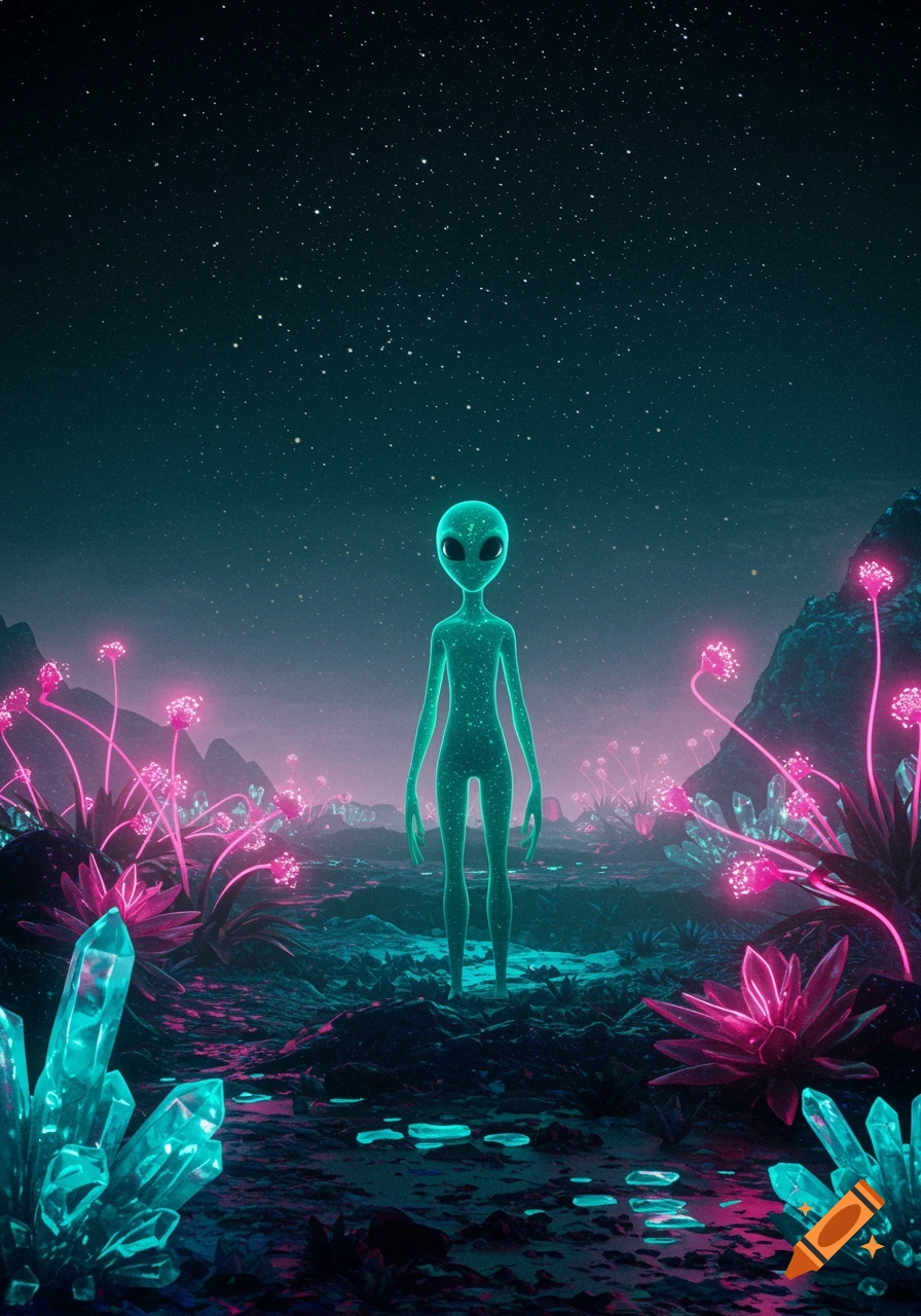A glowing green alien stands in a vibrant alien landscape with pink glowing plants and blue crystals under a starry sky.