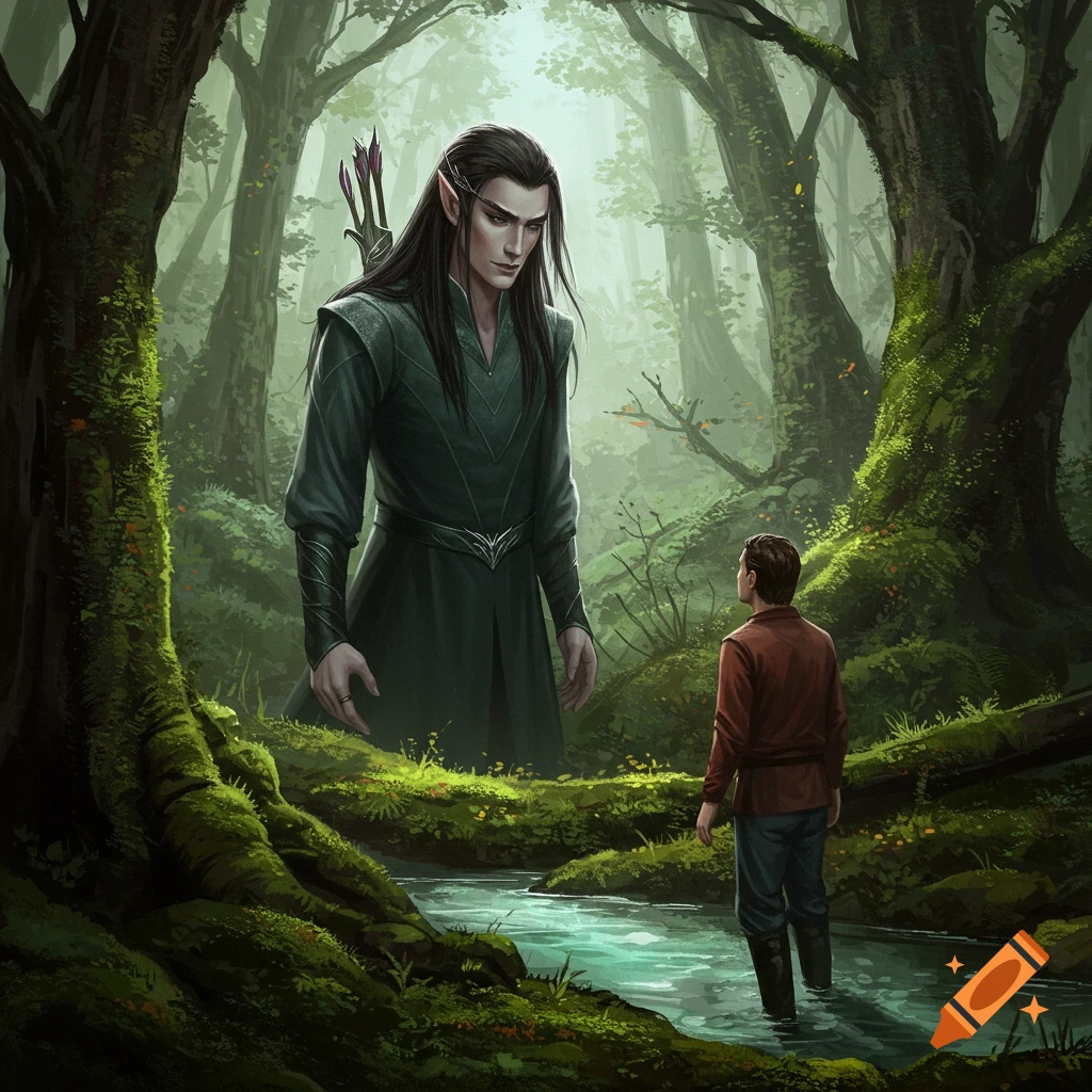 A tall, dark-haired elf looks down at a shorter human standing in a forest stream. Fantasy art style.
