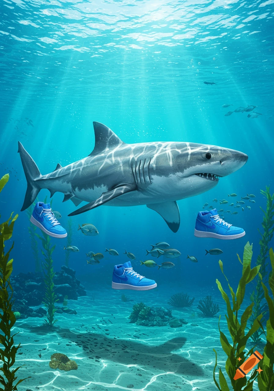 A great white shark swims underwater with three blue high-top sneakers. Sunbeams illuminate the clear blue water and sandy seafloor.