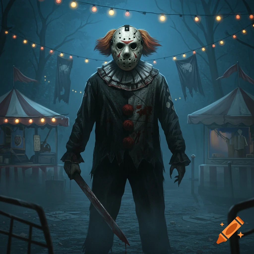 A creepy figure in a Jason Voorhees mask and a blood-stained clown costume holds a machete in a dark, ominous carnival.