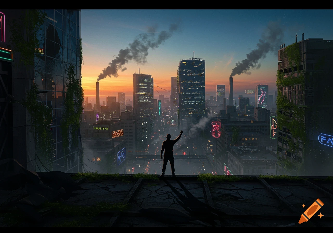 Silhouette of a person on a rooftop overlooking a dystopian city with neon signs and industrial smoke at sunset.