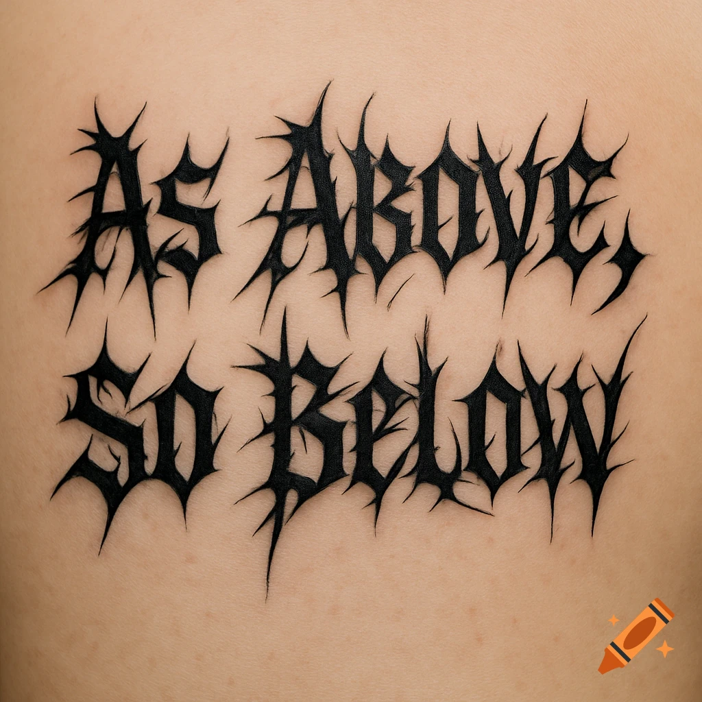 A black tattoo on light skin reads "AS ABOVE SO BELOW" in a sharp, spiky, gothic font.