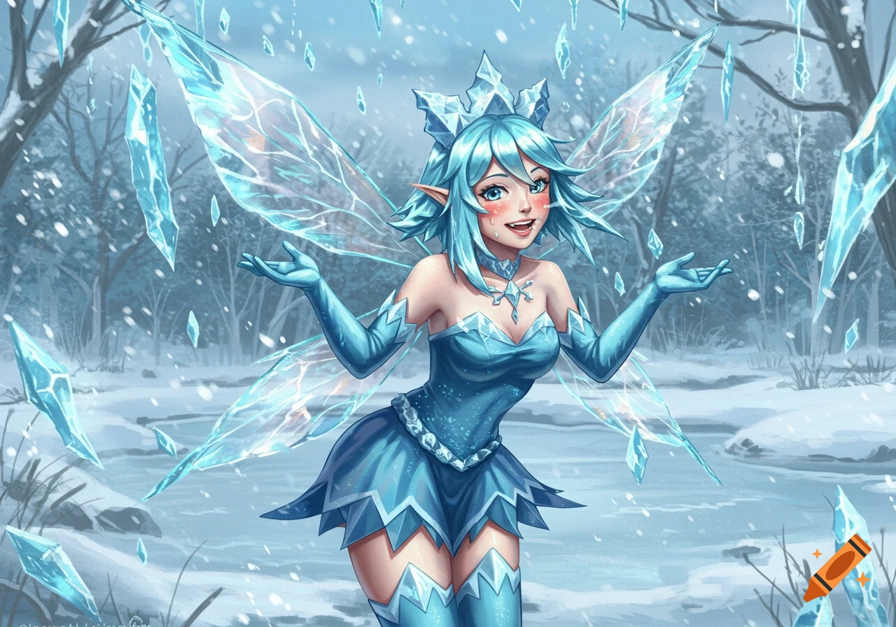 A cheerful blue-haired ice fairy with transparent wings in a snowy forest, surrounded by falling ice shards, in an anime style.