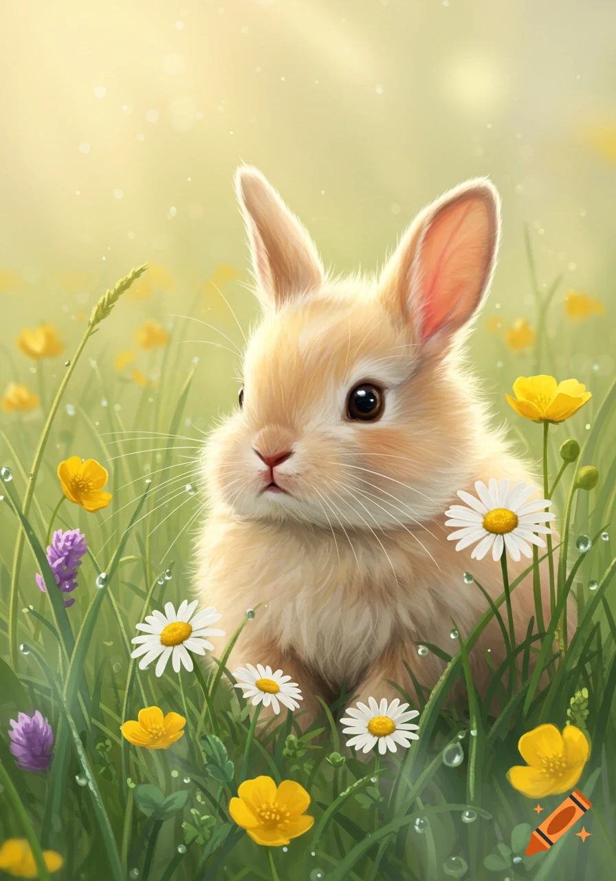 A fluffy baby rabbit sits in a field of green grass with white daisies and yellow buttercups under a bright, sunny sky.