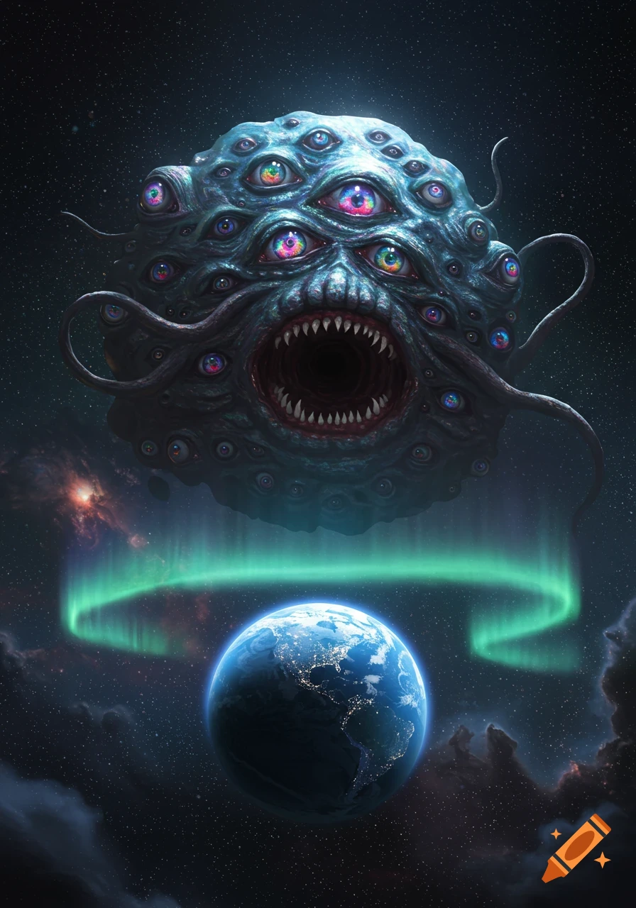 A terrifying, multi-eyed, multi-mouthed space creature with tentacles looms over Earth, surrounded by an aurora and stars.