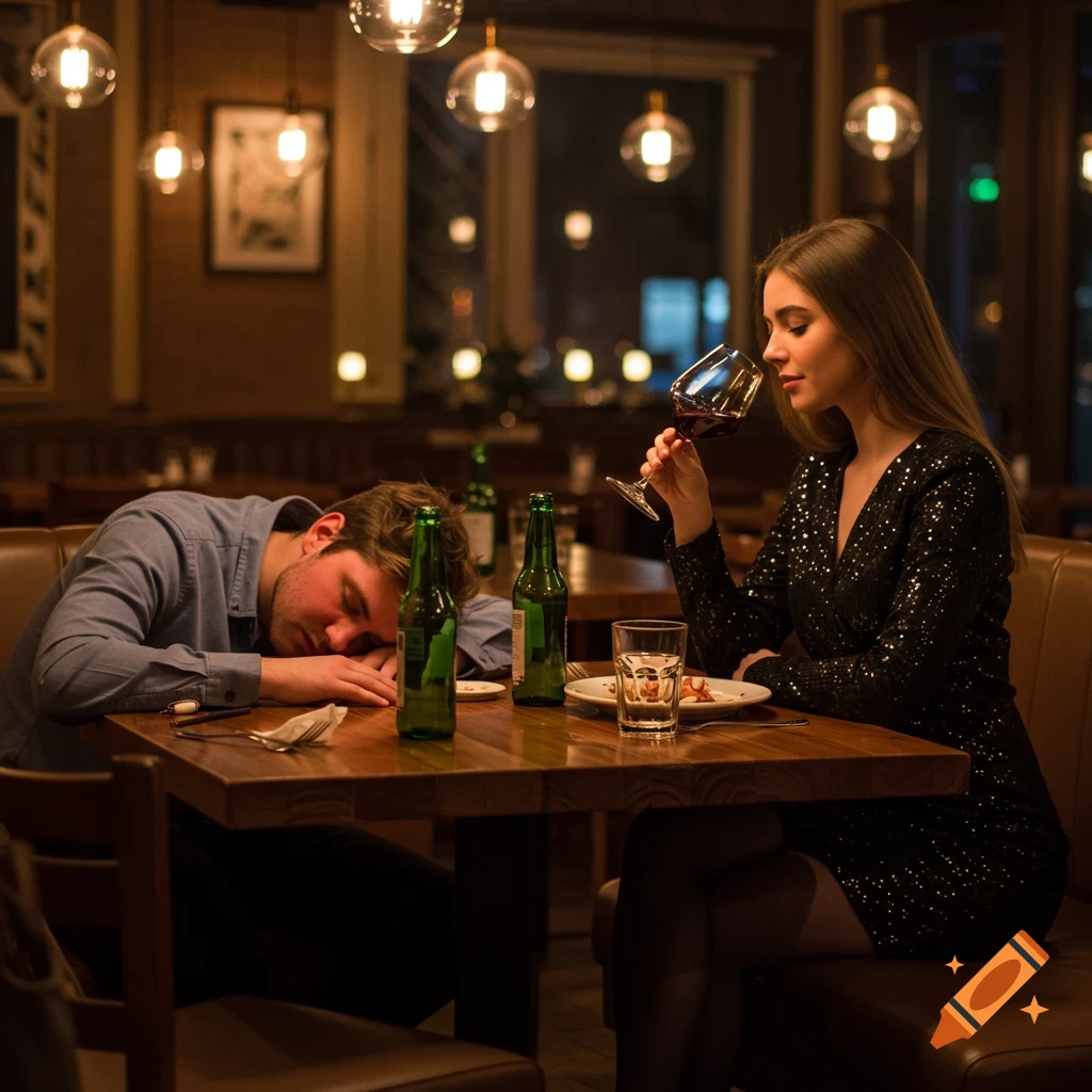 A woman in a sparkling black dress sips red wine at a restaurant table, while a man rests his head on the table amidst beer bottles.