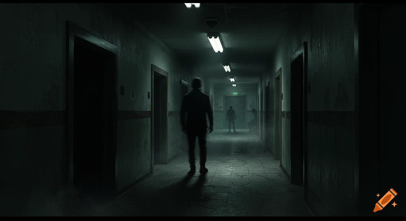 A long, dark, and eerie hallway with a shadowy figure walking towards the viewer, and other figures further down.