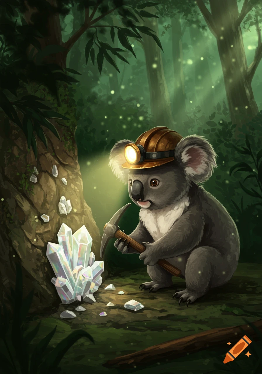 An illustrated koala wearing a miner's helmet with a headlamp and holding a pickaxe, mining large, glowing crystals in a magical forest.