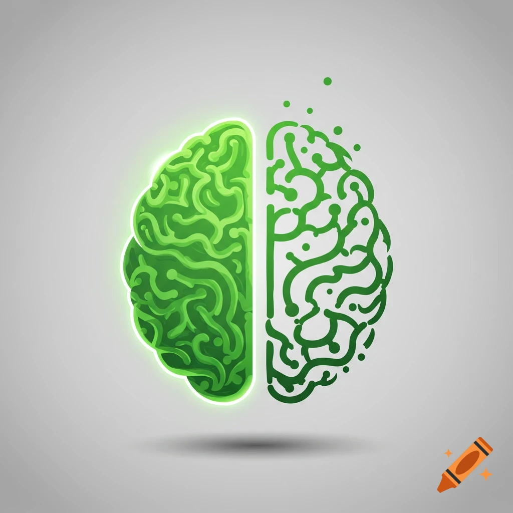 A stylized green brain with one half solid and glowing, and the other half dissolving into circuit-like lines and dots on a light gray background.
